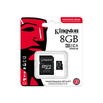 Kingston UHS-I 8 GB, microSDHC/SDXC Industrial Card, Flash memory class Class 10, UHS-I, U3, V30, A1, SD Adapter Kingston UHS-I 8 GB, microSDHC/SDXC Industrial Card, Flash memory class Class 10, UHS-I, U3, V30, A1, SD Adapter