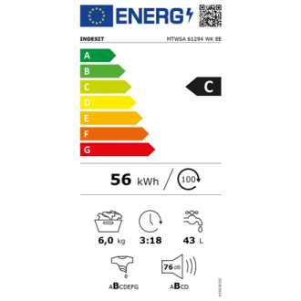 INDESIT Washing machine MTWSA 61294 WK EE Energy efficiency class C, Front loading, Washing capacity 6 kg, 1151 RPM, Depth 42.5 