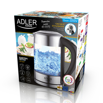Adler Kettle AD 1247 NEW With electronic control, 1850 - 2200 W, 1.7 L, Stainless steel, glass, Stainless steel/Transparent, 360 Adler Kettle AD 1247 NEW With electronic control, 1850 - 2200 W, 1.7 L, Stainless steel, glass, Stainless steel/Transparent, 360