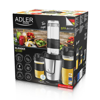 Adler Blender AD 4081 Tabletop, 800 W, Jar material BPA Free Plastic, Jar capacity 0.57 and 0.4 L, Ice crushing, Black/Stainless Adler Blender AD 4081 Tabletop, 800 W, Jar material BPA Free Plastic, Jar capacity 0.57 and 0.4 L, Ice crushing, Black/Stainless