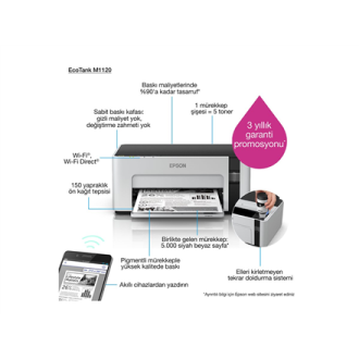 Epson EcoTank M1120 Mono Inkjet Standard Wi-Fi Maximum ISO A-series paper size A4 Black, White Grey Epson EcoTank M1120 Mono Inkjet Standard Wi-Fi Maximum ISO A-series paper size A4 Black, White Grey