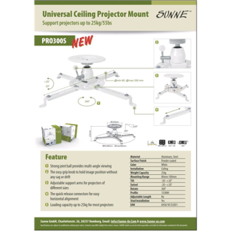 Sunne | Projector Ceiling mount | Turn, Tilt | White Sunne | Projector Ceiling mount | Turn, Tilt | White