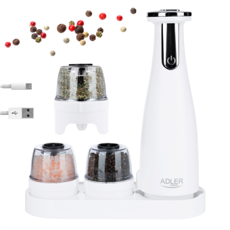 Adler | Electric Salt and pepper grinder | AD 4449w | Housing material ABS plastic | 7 W | Lithium | Matte White Adler | Electric Salt and pepper grinder | AD 4449w | Housing material ABS plastic | 7 W | Lithium | Matte White