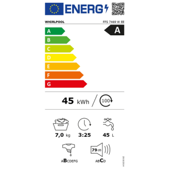 Whirlpool | Washing machine | FFS 7469 W EE | Energy efficiency class A | Front loading | Washing capacity 7 kg | 1400 RPM | Dep Whirlpool | Washing machine | FFS 7469 W EE | Energy efficiency class A | Front loading | Washing capacity 7 kg | 1400 RPM | Dep