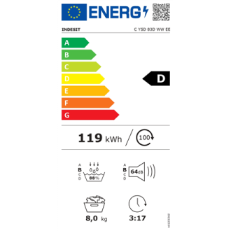 INDESIT Dryer Machine | C YSD 83D WW EE | Energy efficiency class D | Front loading | 8 kg | Heat pump | LED | Depth 54.5 cm | W INDESIT Dryer Machine | C YSD 83D WW EE | Energy efficiency class D | Front loading | 8 kg | Heat pump | LED | Depth 54.5 cm | W