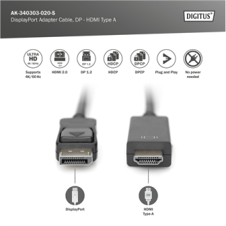 Digitus Adapter Cable, DP - HDMI type A | DisplayPort to HDMI | 2 m Digitus Adapter Cable, DP - HDMI type A | DisplayPort to HDMI | 2 m