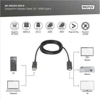 Digitus Adapter Cable, DP - HDMI type A | DisplayPort to HDMI | 2 m Digitus Adapter Cable, DP - HDMI type A | DisplayPort to HDMI | 2 m