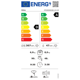 Midea | Washing machine with dryer | MF200D80WB/1/W-HR | Energy efficiency class A/D | Front loading | Washing capacity 8 kg | 1 Midea | Washing machine with dryer | MF200D80WB/1/W-HR | Energy efficiency class A/D | Front loading | Washing capacity 8 kg | 1