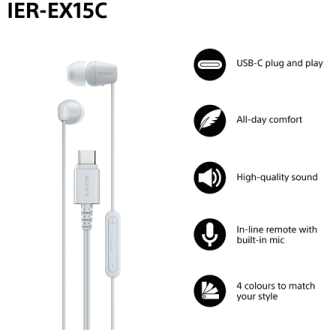 Sony Earbuds | IER EX15C | Wired | In-ear | Microphone | White Sony Earbuds | IER EX15C | Wired | In-ear | Microphone | White