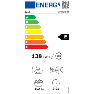 Bosch Dryer machine with heat pump | WTH85V0MSN | Energy efficiency class E | Front loading | 8 kg | LED | Depth 61 cm | White Bosch Dryer machine with heat pump | WTH85V0MSN | Energy efficiency class E | Front loading | 8 kg | LED | Depth 61 cm | White