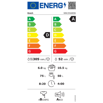 Bosch | Washing Machine | WNC254ARSN | Energy efficiency class A/D | Front loading | Washing capacity 10.5 kg | 1400 RPM | Depth Bosch | Washing Machine | WNC254ARSN | Energy efficiency class A/D | Front loading | Washing capacity 10.5 kg | 1400 RPM | Depth