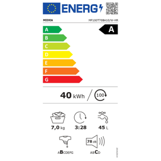 Midea | Washing Machine | MF100T70BA10/W-HR | Energy efficiency class A | Top loading | Washing capacity 7 kg | 1200 RPM | Depth