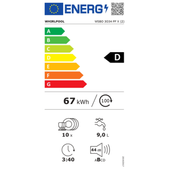 Whirlpool Dishwasher | WSBO 3O34 PF X | Built-in | Width 45 cm | Number of place settings 10 | Number of programs 8 | Energy eff Whirlpool Dishwasher | WSBO 3O34 PF X | Built-in | Width 45 cm | Number of place settings 10 | Number of programs 8 | Energy eff