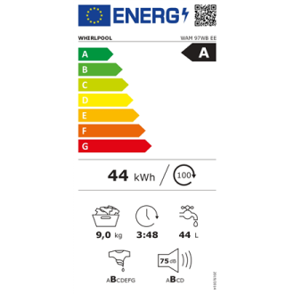 Whirlpool | Washing machine | WAM 97WB EE | Energy efficiency class A | Front loading | Washing capacity 9 kg | 1400 RPM | Depth Whirlpool | Washing machine | WAM 97WB EE | Energy efficiency class A | Front loading | Washing capacity 9 kg | 1400 RPM | Depth