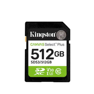 Kingston Canvas Select Plus | 512 GB | SD | Flash memory class Class 10, UHS-I, U1/U3, Video Class 10/30 Kingston Canvas Select Plus | 512 GB | SD | Flash memory class Class 10, UHS-I, U1/U3, Video Class 10/30