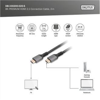 Digitus 8K HDMI Ultra High Speed Connection Cable | DB-330200-020-S | 2 m Digitus 8K HDMI Ultra High Speed Connection Cable | DB-330200-020-S | 2 m
