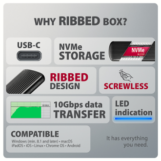 AXAGON USB-C 10Gbps M.2 NVMe SSD Enclosure, Screwless, RIBBED Aluminum | EEM2-SC AXAGON USB-C 10Gbps M.2 NVMe SSD Enclosure, Screwless, RIBBED Aluminum | EEM2-SC