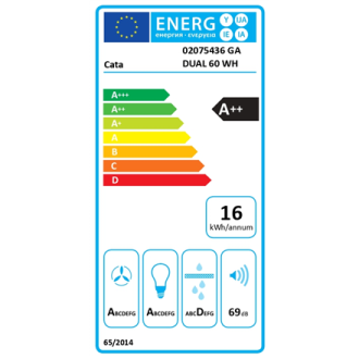 CATA GA DUAL 60 WH | Hood | Canopy | Energy efficiency class A++ | Width 60 cm | Touch sensitive | 737 m /h | LED | Stainless st CATA GA DUAL 60 WH | Hood | Canopy | Energy efficiency class A++ | Width 60 cm | Touch sensitive | 737 m /h | LED | Stainless st