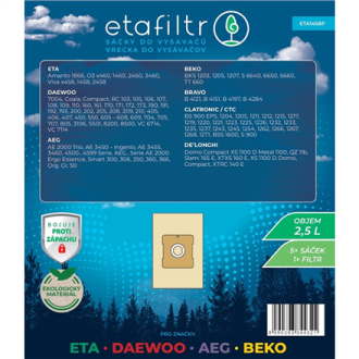 ETA Dust bags for ETA, Daewoo, AEG and Beko vacuum cleaners | ETA1458P | 5 pc(s) | Brown ETA Dust bags for ETA, Daewoo, AEG and Beko vacuum cleaners | ETA1458P | 5 pc(s) | Brown