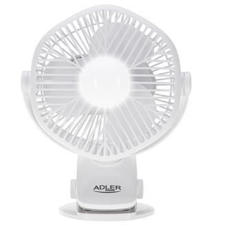 Adler Rechargeable fan with clip | AD 7335 | Table Fan | 6 W | Diameter 12.7 cm | Number of speeds 3 | Oscillation | White Adler Rechargeable fan with clip | AD 7335 | Table Fan | 6 W | Diameter 12.7 cm | Number of speeds 3 | Oscillation | White