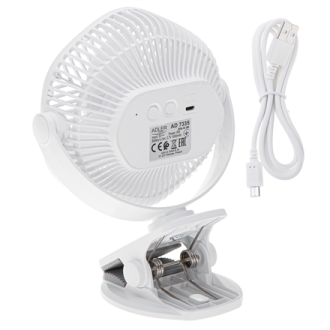 Adler Rechargeable fan with clip | AD 7335 | Table Fan | 6 W | Diameter 12.7 cm | Number of speeds 3 | Oscillation | White Adler Rechargeable fan with clip | AD 7335 | Table Fan | 6 W | Diameter 12.7 cm | Number of speeds 3 | Oscillation | White