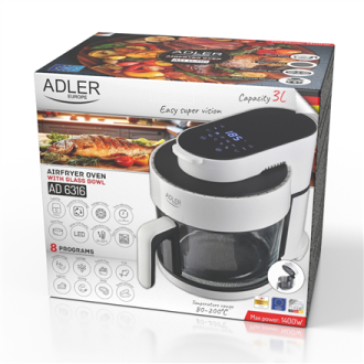 Adler Air Fryer Oven with Glass Bowl | AD 6316 | Power 1200 W | Capacity 3 L | Convection | White/Black Adler Air Fryer Oven with Glass Bowl | AD 6316 | Power 1200 W | Capacity 3 L | Convection | White/Black
