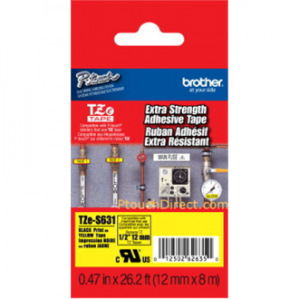 Brother TZe-S631 Strong Adhesive Laminated Tape Black on Yellow, TZe, 8 m, 1.2 cm