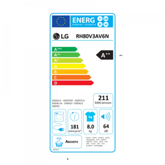 LG Dryer Machine RH80V3AV6N Energy efficiency class A++, Front loading, 8 kg, LED, Depth 69 cm, Wi-Fi, White
