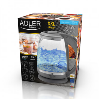 Adler Kettle AD 1286 Standard, 2200 W, 2 L, Plastic/ glass, Grey/ transparent, 360 rotational base