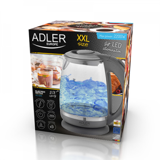 Adler Kettle AD 1286 Standard, 2200 W, 2 L, Plastic/ glass, Grey/ transparent, 360 rotational base Adler Kettle AD 1286 Standard, 2200 W, 2 L, Plastic/ glass, Grey/ transparent, 360 rotational base