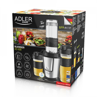 Adler Blender AD 4081 Tabletop, 800 W, Jar material BPA Free Plastic, Jar capacity 0.57 and 0.4 L, Ice crushing, Black/Stainless