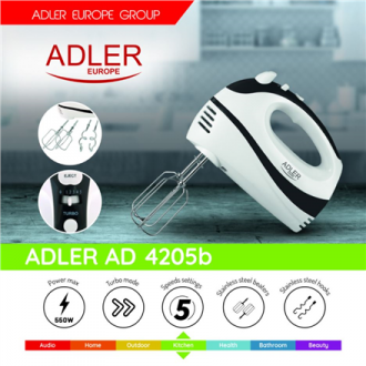 Adler Mixer AD 4205 b Hand Mixer 300 W Number of speeds 5 Turbo mode White/Black Adler Mixer AD 4205 b Hand Mixer 300 W Number of speeds 5 Turbo mode White/Black