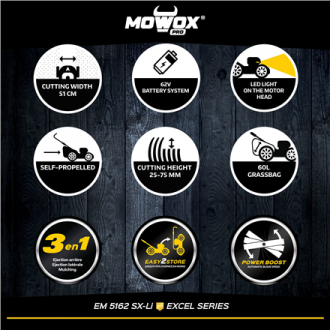MoWox | 62V Excel Series Cordless Lawnmower | EM 5162 SX-Li | Mowing Area 900 m 