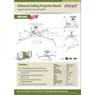 Sunne | Projector Ceiling mount | Turn, Tilt | White Sunne | Projector Ceiling mount | Turn, Tilt | White