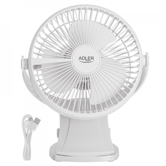 Adler Rechargeable Clip-on Desk Fan | AD 7342 | Table Fan | White | Diameter 15.5 cm | Number of speeds 3 | Oscillation | 5 W Adler Rechargeable Clip-on Desk Fan | AD 7342 | Table Fan | White | Diameter 15.5 cm | Number of speeds 3 | Oscillation | 5 W
