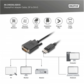 Digitus Adapter Cable, DP - DVI | DisplayPort | 2 m