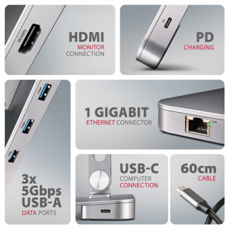 AXAGON Desk Mount | HMC-STND USB-C 5Gbps Stand and Hub 7in1 | Adjustable Height, Tilt | 10-16 