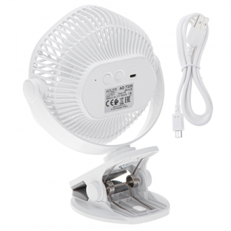 Adler Rechargeable fan with clip | AD 7335 | Table Fan | 6 W | Diameter 12.7 cm | Number of speeds 3 | Oscillation | White Adler Rechargeable fan with clip | AD 7335 | Table Fan | 6 W | Diameter 12.7 cm | Number of speeds 3 | Oscillation | White