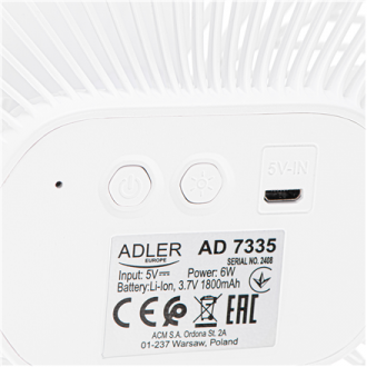 Adler Rechargeable fan with clip | AD 7335 | Table Fan | 6 W | Diameter 12.7 cm | Number of speeds 3 | Oscillation | White Adler Rechargeable fan with clip | AD 7335 | Table Fan | 6 W | Diameter 12.7 cm | Number of speeds 3 | Oscillation | White