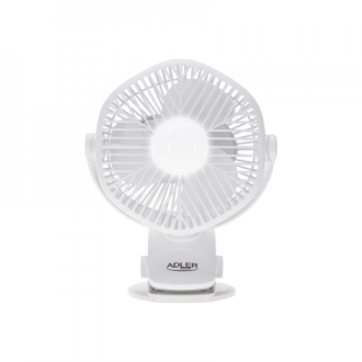 Adler Rechargeable fan with clip | AD 7335 | Table Fan | 6 W | Diameter 12.7 cm | Number of speeds 3 | Oscillation | White Adler Rechargeable fan with clip | AD 7335 | Table Fan | 6 W | Diameter 12.7 cm | Number of speeds 3 | Oscillation | White