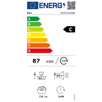 BEKO Dryer Machine | BM3T37249WBB | Energy efficiency class C | Front loading | 7 kg | Digital | Depth 54.5 cm | White BEKO Dryer Machine | BM3T37249WBB | Energy efficiency class C | Front loading | 7 kg | Digital | Depth 54.5 cm | White