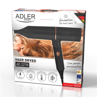 Adler Hair Dryer | AD 2278 | 1400 W | Number of temperature settings 2 | Ionic function | Black Adler Hair Dryer | AD 2278 | 1400 W | Number of temperature settings 2 | Ionic function | Black
