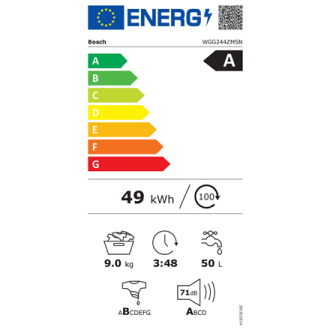 Bosch | Washing Machine | WGG244ZMSN | Energy efficiency class A | Front loading | Washing capacity 9 kg | 1400 RPM | Depth 59 c