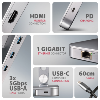 AXAGON Desk Mount | HMC-STND USB-C 5Gbps Stand and Hub 7in1 | Adjustable Height, Tilt | 10-16 