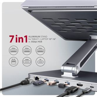 AXAGON Desk Mount | HMC-STND USB-C 5Gbps Stand and Hub 7in1 | Adjustable Height, Tilt | 10-16 