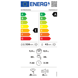 LG | Washing machine with dryer | F2DR508S1W | Energy efficiency class A-10%/E | Front loading | Washing capacity 8 kg | 1200 RP LG | Washing machine with dryer | F2DR508S1W | Energy efficiency class A-10%/E | Front loading | Washing capacity 8 kg | 1200 RP