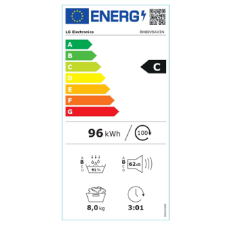 LG Dryer Machine | RH80V9AV3N | Energy efficiency class C | Front loading | 8 kg | LED | Depth 69 cm | Wi-Fi | White