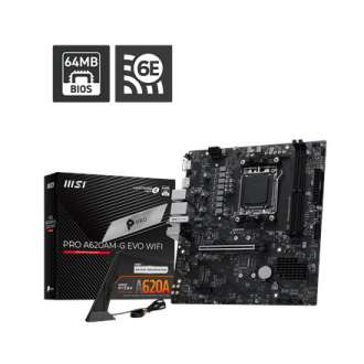 MSI PRO A620AM-G EVO WIFI | Processor family AMD | Processor socket AM5 | DDR5 | Number of SATA connectors 4 | Supported hard di MSI PRO A620AM-G EVO WIFI | Processor family AMD | Processor socket AM5 | DDR5 | Number of SATA connectors 4 | Supported hard di