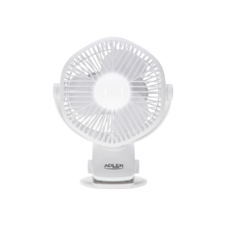 Adler Rechargeable fan with clip | AD 7335 | Table Fan | 6 W | Diameter 12.7 cm | Number of speeds 3 | Oscillation | White Adler Rechargeable fan with clip | AD 7335 | Table Fan | 6 W | Diameter 12.7 cm | Number of speeds 3 | Oscillation | White