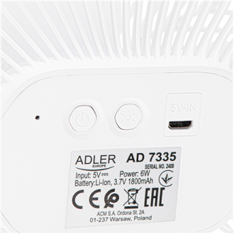 Adler Rechargeable fan with clip | AD 7335 | Table Fan | 6 W | Diameter 12.7 cm | Number of speeds 3 | Oscillation | White Adler Rechargeable fan with clip | AD 7335 | Table Fan | 6 W | Diameter 12.7 cm | Number of speeds 3 | Oscillation | White